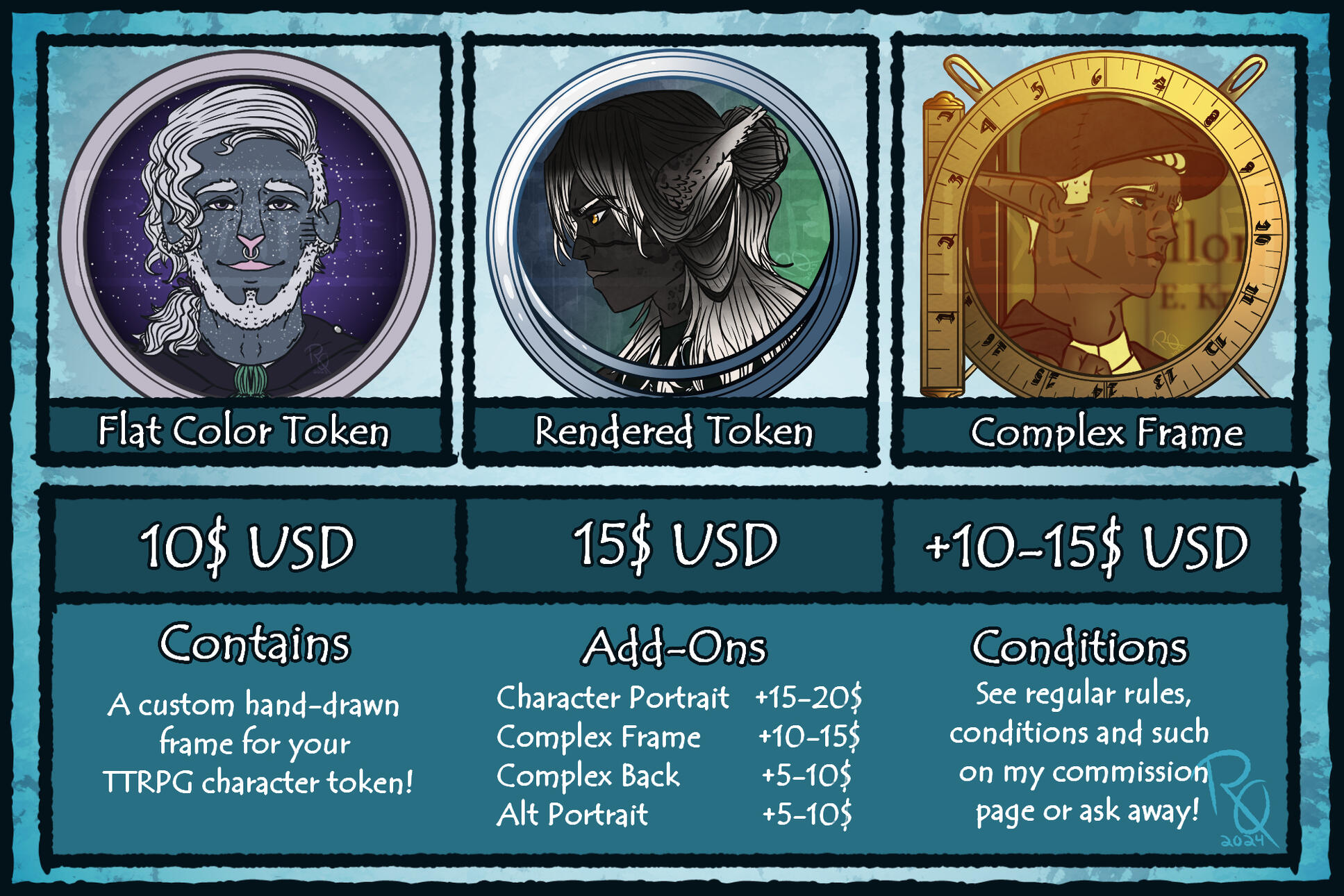 A digitally drawn commission chart displaying some custom digital TTRPG character map token frames for different prices depending on the complexity, add-ons/extras and some basic rules.