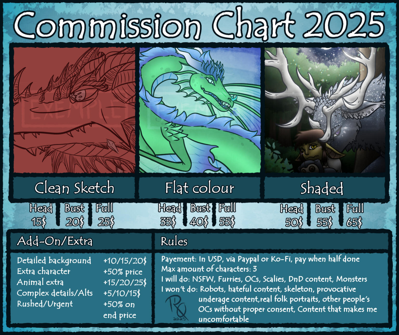 A digitally drawn commission chart displaying a variety of art qualities for different prices, add-ons/extras and some basic rules.