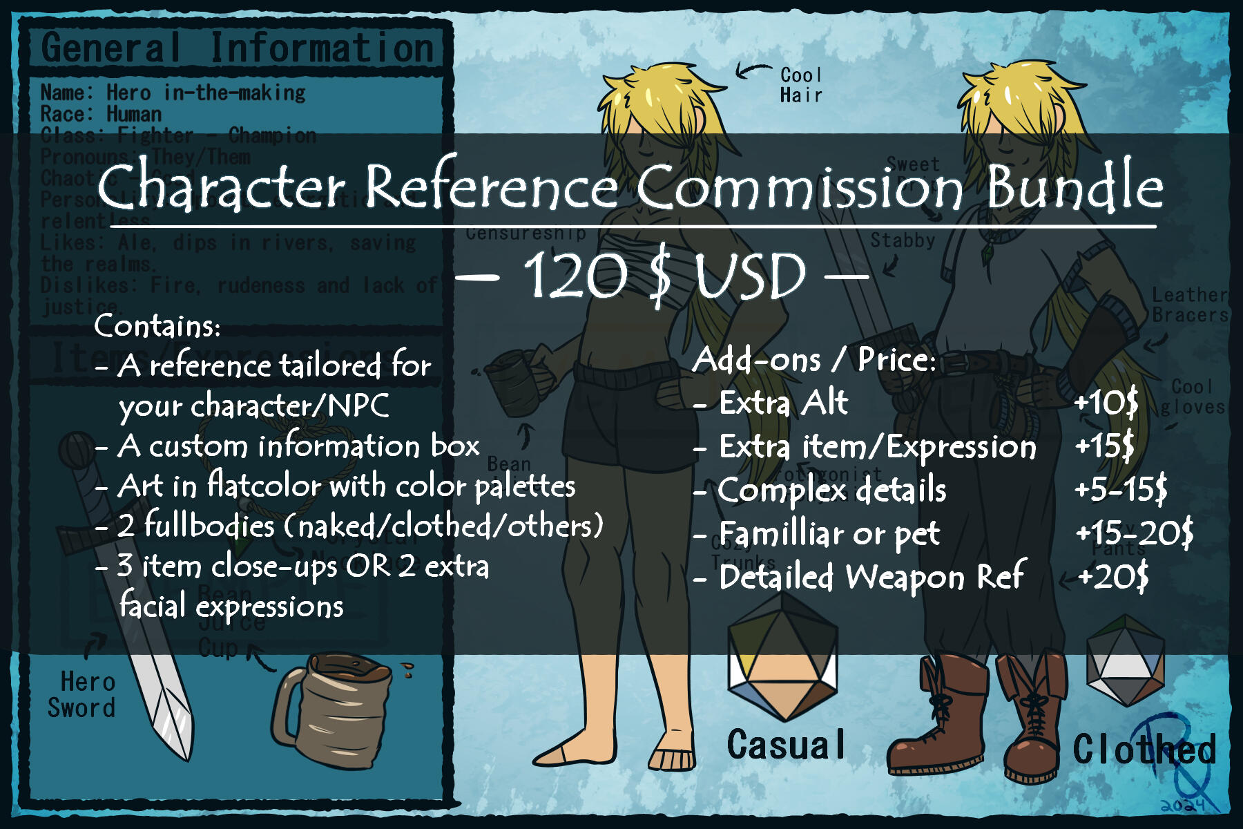 A digitally drawn commission chart displaying a flat color character reference bundle price with some available add-ons and extras.