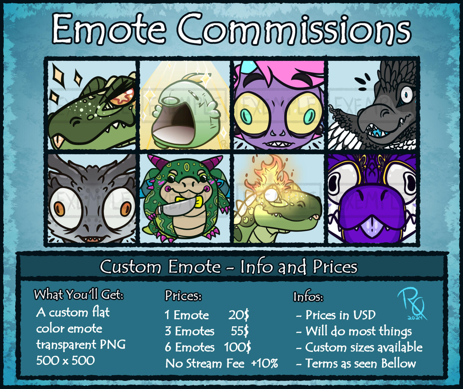 A digitally drawn commission chart displaying a variety of custom emotes and their prices per amount.